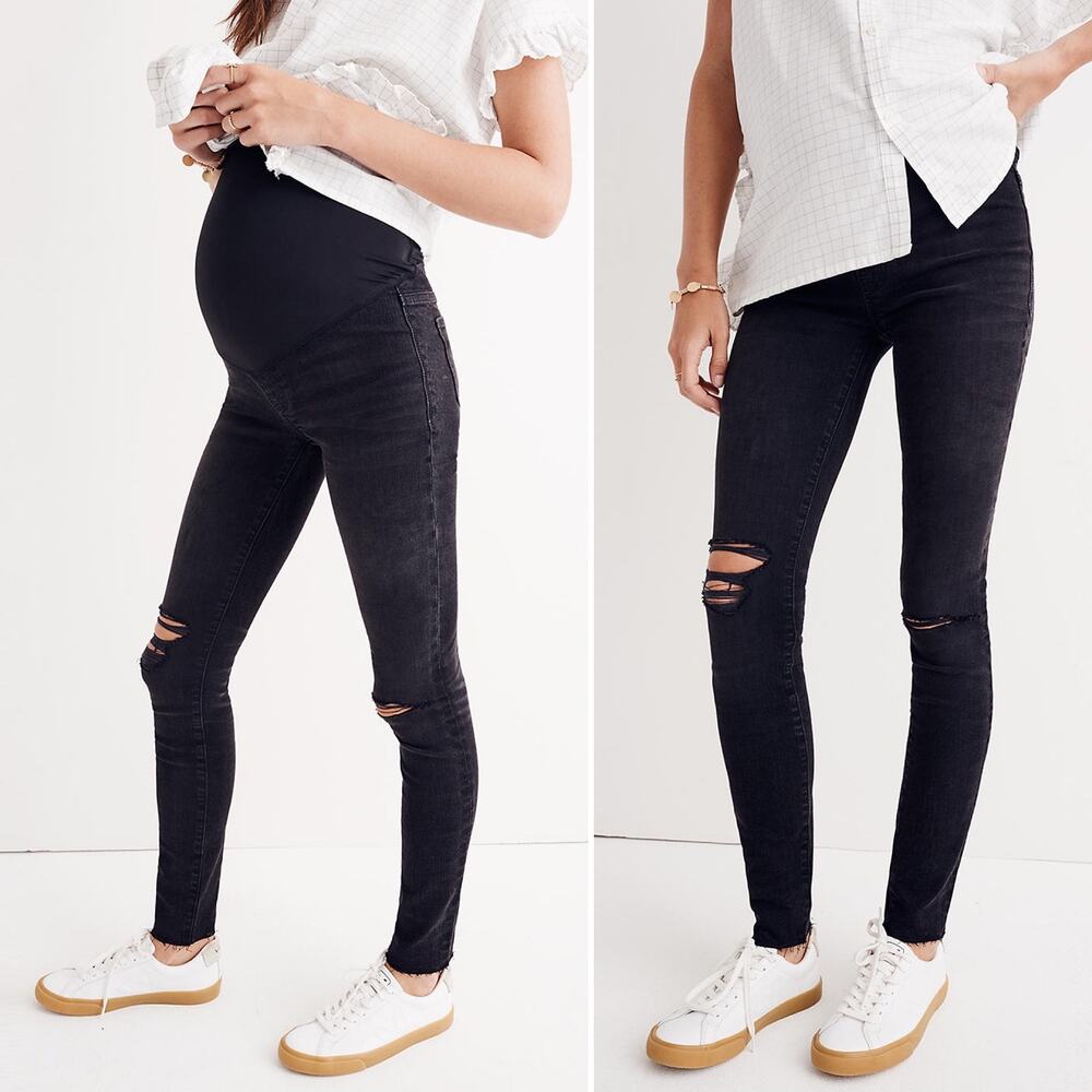 Madewell Maternity Over the Belly Distressed Skinny Jeans Black Sea size 35 NWT
